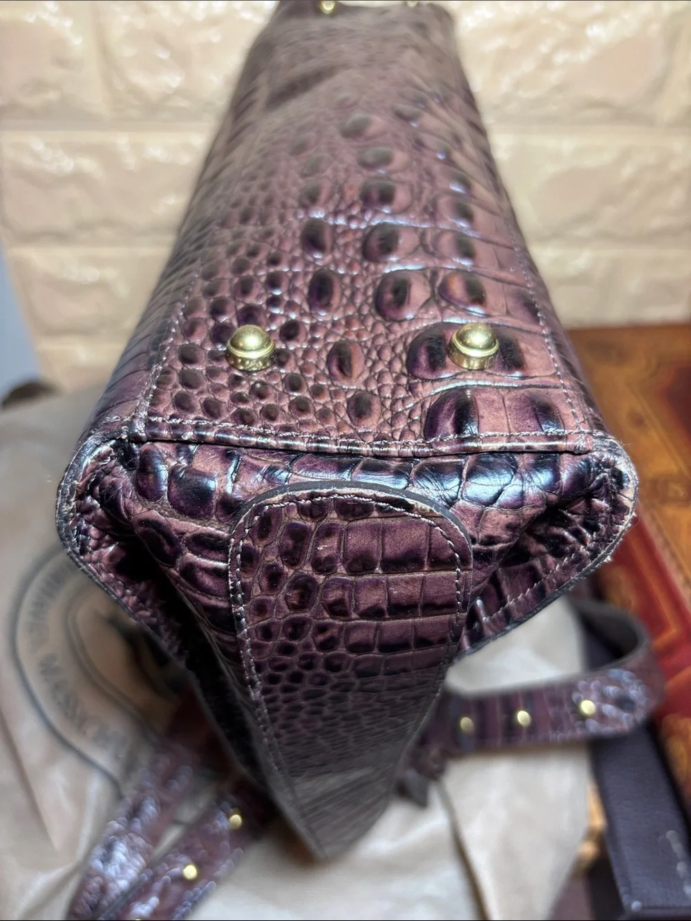 Brahmin Croc-Embossed Leather Shoulder Bag in Dark Brown w Burgundy Tones
